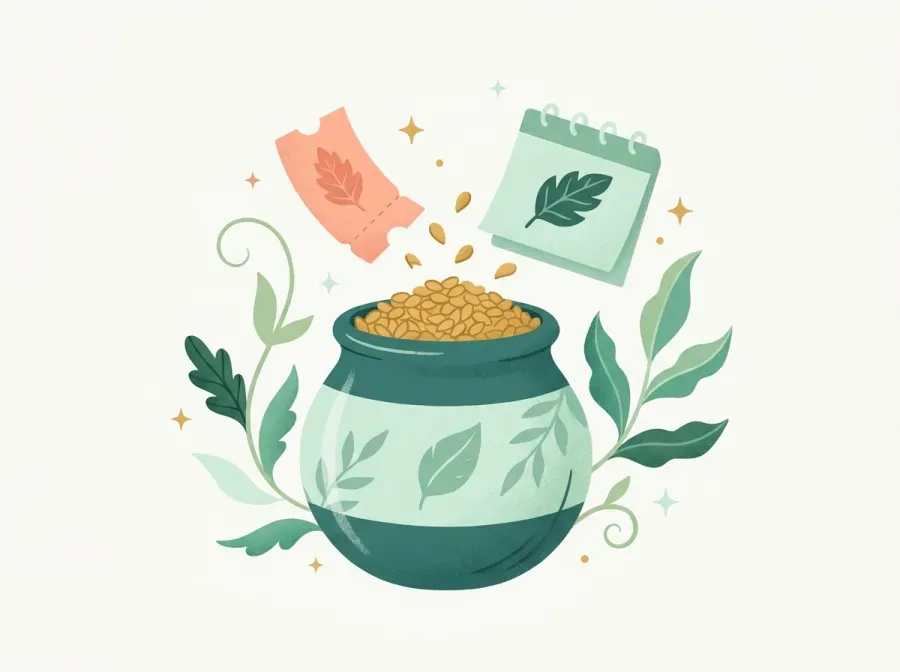 Un pot rempli de graines dorées qui deviennent un bon et une date de rendez-vous