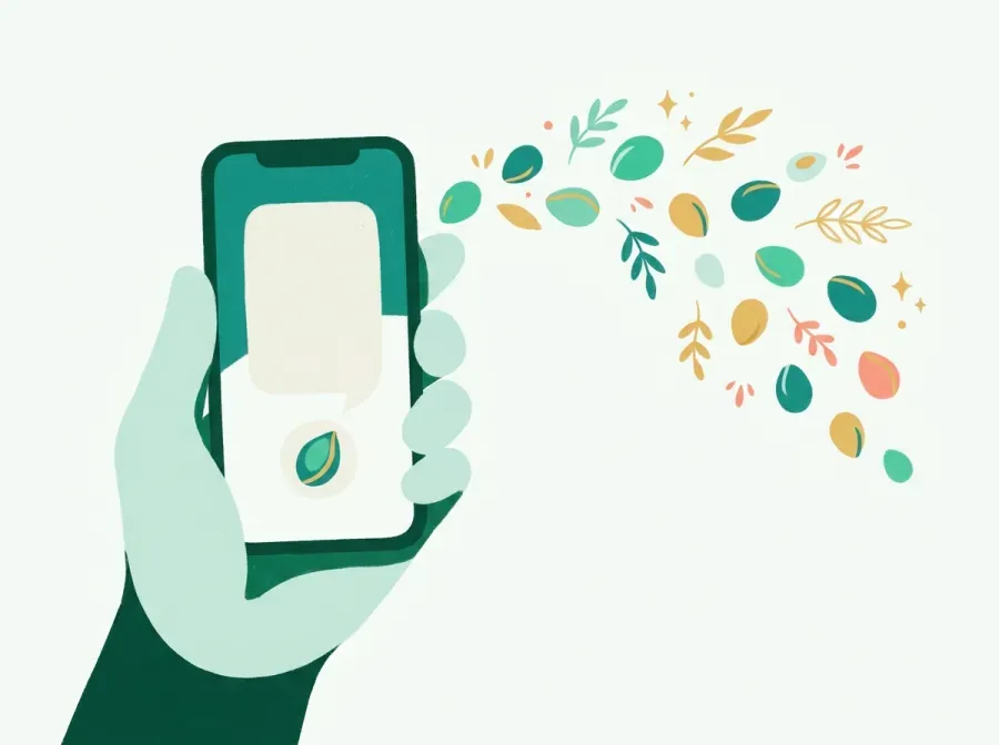 Une main tient un téléphone d'où s'envolent des graines